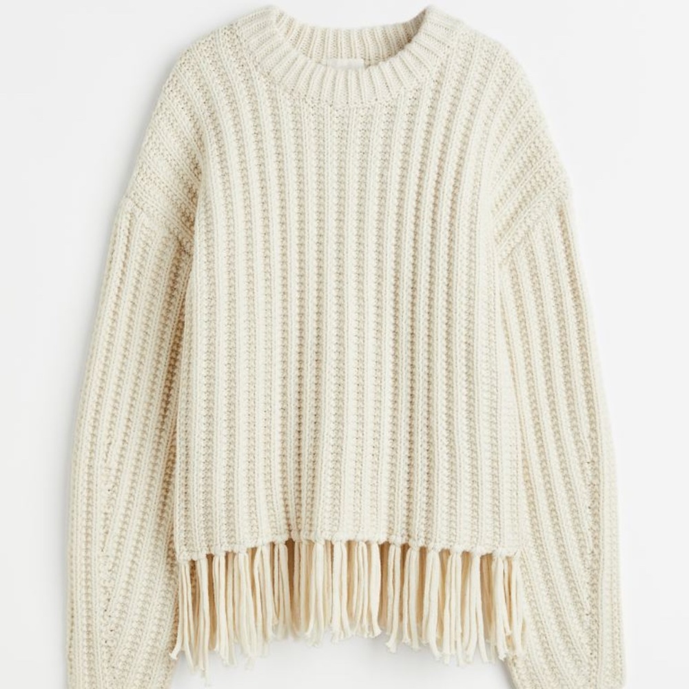 BNWT H&M Fringe-Trimmed Chunky Knit Cream Sweater XXL